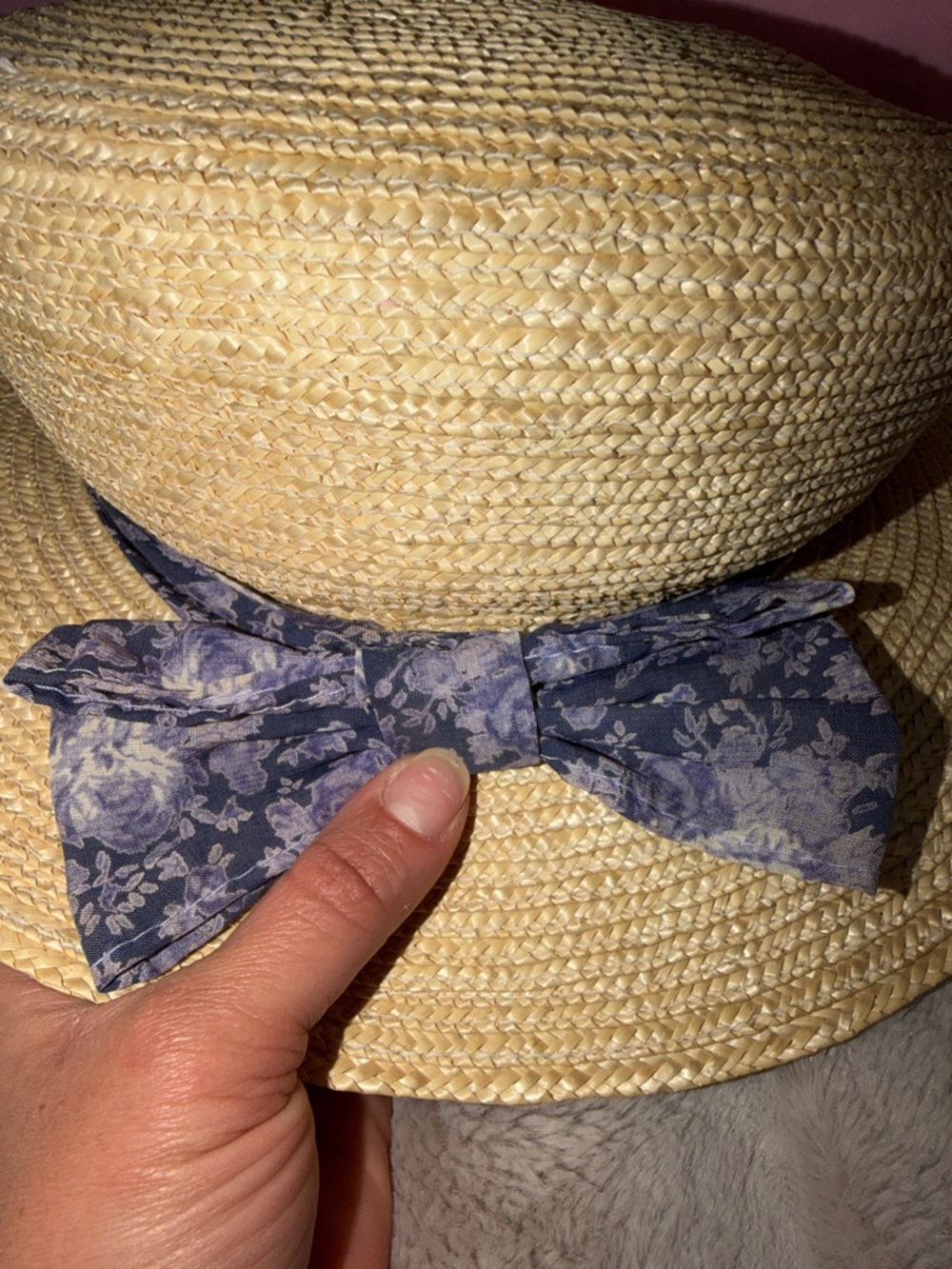 April Cornell Vintage Natural Straw Boater Hat with Blue Floral Bow - Picture 9 of 13